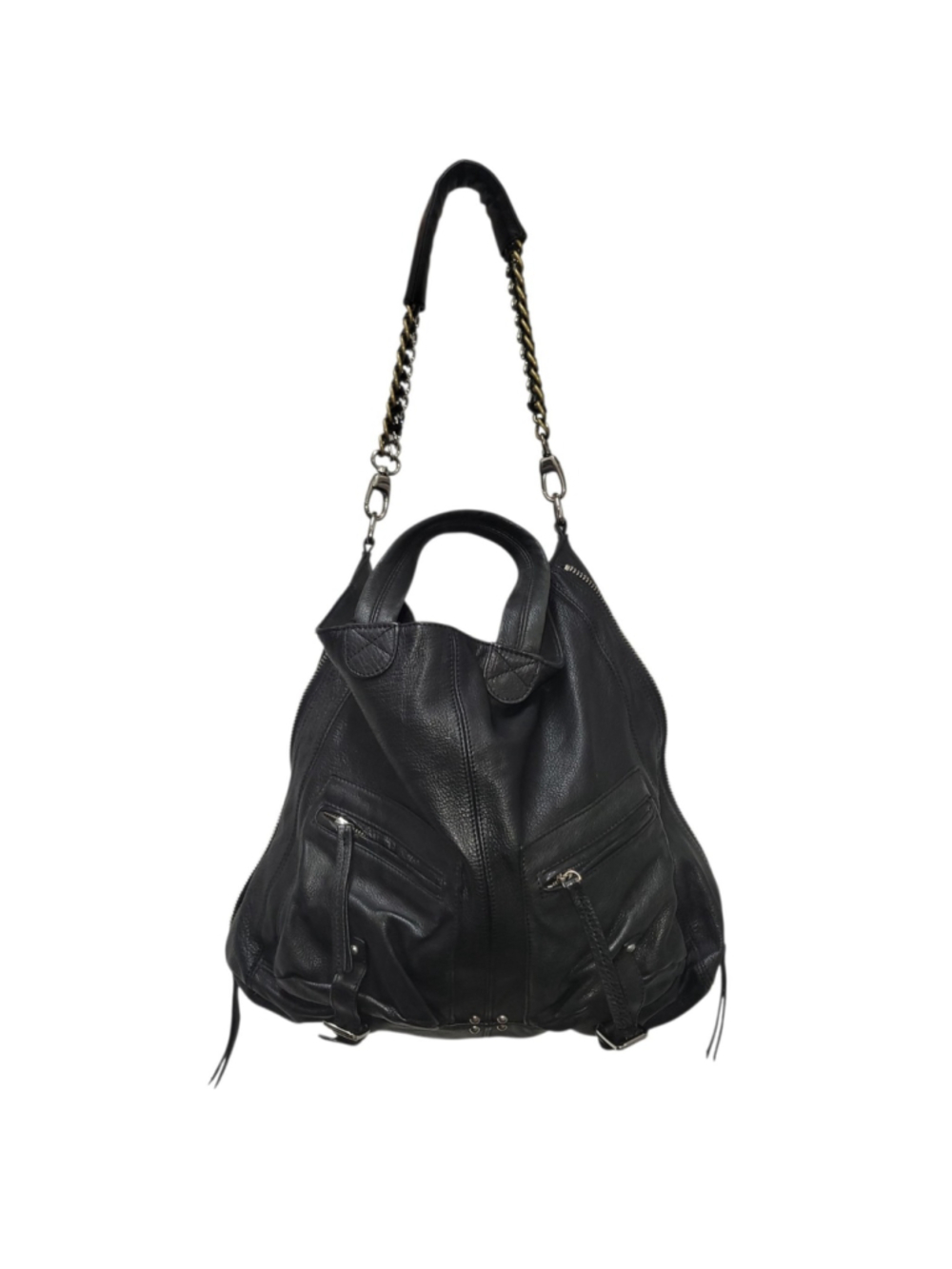POUR La VICTOIRE Women Leather Black Large Side-Zip Double Handle Shoulder bag